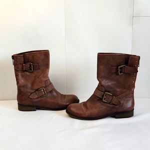 Steve Madden Temmpt Cognac Distressed Leather Zipper Buckle Boots 8 M